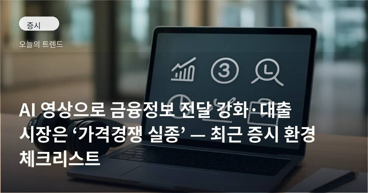 책상 위 노트북 화면에 금융 정보를 연상시키는 아이콘이 보이고 헤드폰과 메모장이 함께 놓인 장면