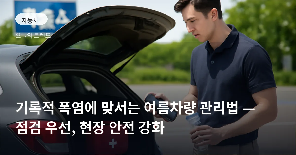 휴게소에서 차량 트렁크를 열고 점검 용품을 확인하는 운전자와 햇빛이 내리쬐는 풍경
