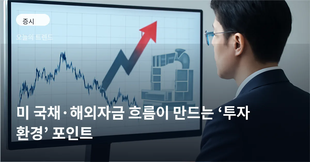 증시 차트와 국채 금리 그래프, 반도체 장비 실루엣이 함께 배치된 장면을 바라보는 사람의 모습
