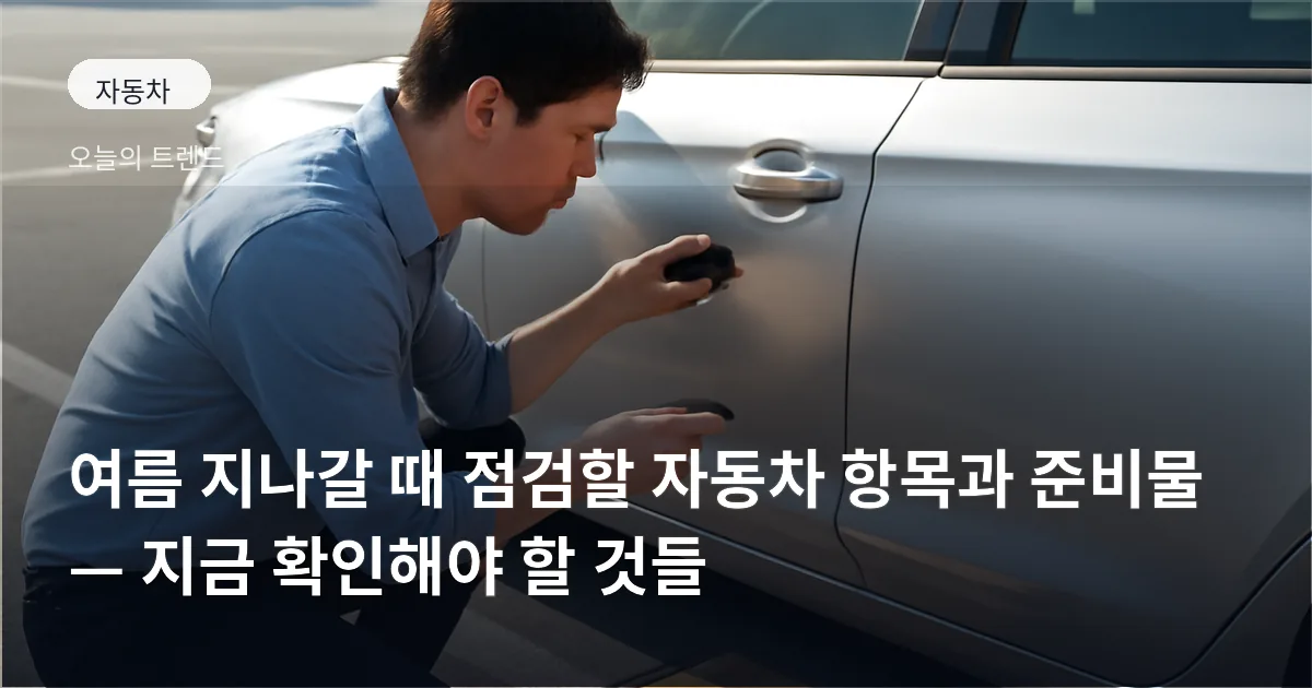 주차된 차량 옆에서 도어 틈새와 타이어를 점검하는 사람, 근처에 공기압 측정기와 햇빛가리개가 놓여 있음