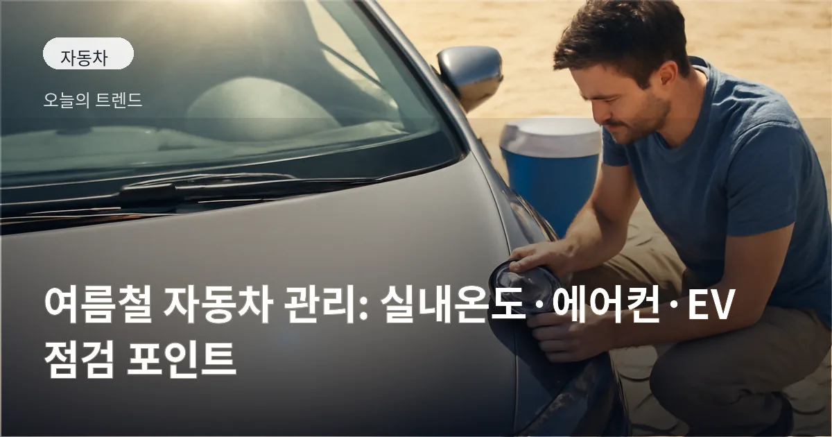 뜨거운 햇빛 아래 주차된 차량 옆에서 타이어 공기압계와 점프스타터를 점검하는 사람의 모습