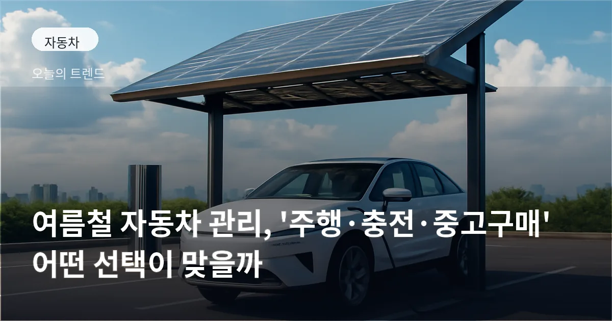 주차된 차량 옆 그늘막과 충전 중인 전기차, 멀리 구름이 보이는 여름 도시 풍경