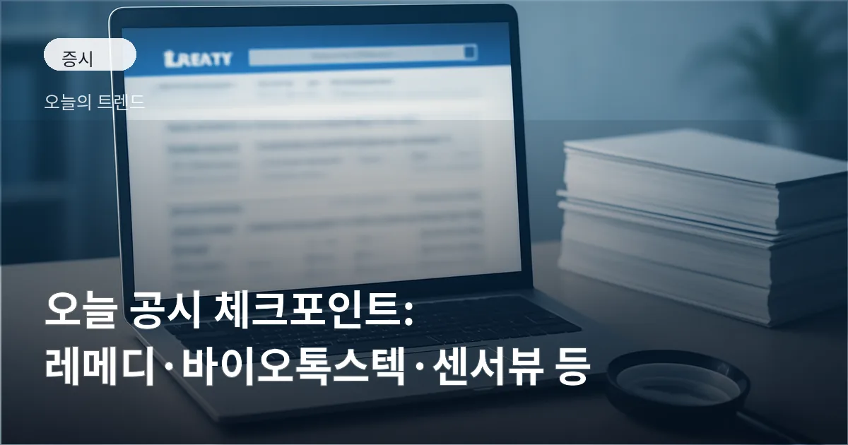 전자공시 사이트가 열린 노트북과 공시 문서 더미, 확대경이 놓인 사무실 책상 풍경