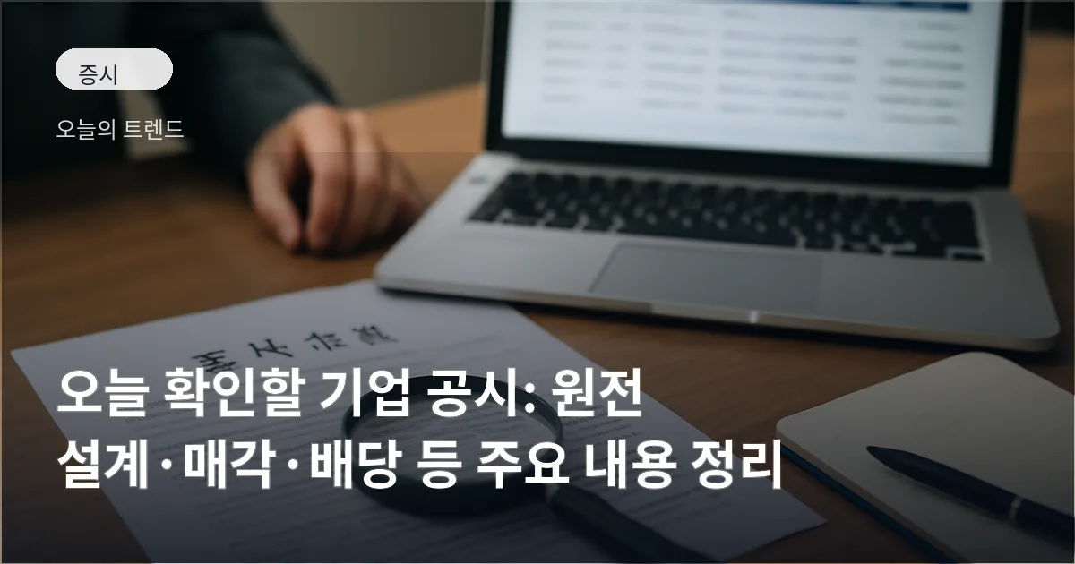 책상 위에 공시 문서와 돋보기, 노트북에 공시 목록이 보이는 장면