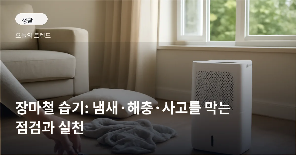 젖은 수건과 베개를 통풍시키기 위해 창문을 연 거실, 바닥에 놓인 소형 제습기와 배수구를 손으로 점검하는 모습