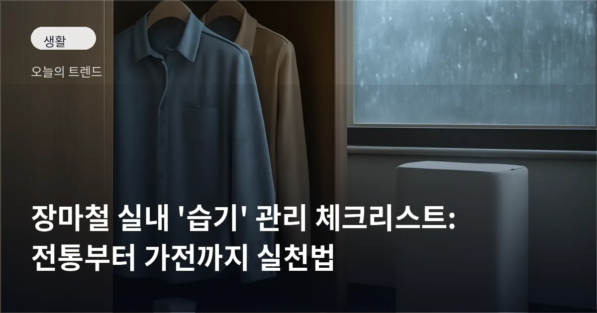 빗속에 비친 창문 옆 옷장 내부에 걸린 옷과 흡습제, 옷장 옆 소형 제습기 실루엣