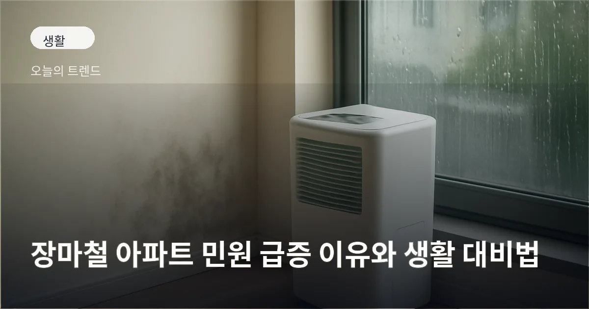 창문 너머로 빗줄기가 보이고 실내 창틀과 벽에 곰팡이 흔적과 제습기가 놓여 있는 아파트 실내 풍경