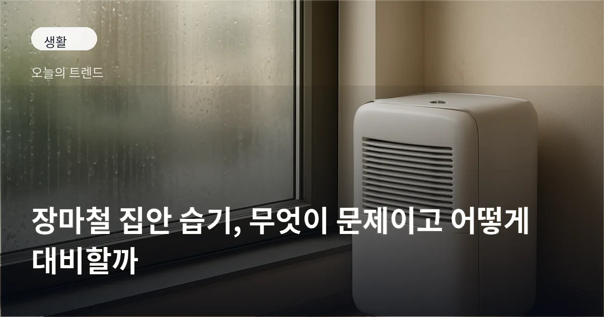 창문에 맺힌 빗방울과 습기로 흐려진 유리, 벽면에 보이는 곰팡이 자국과 실내에 놓인 제습기 모습