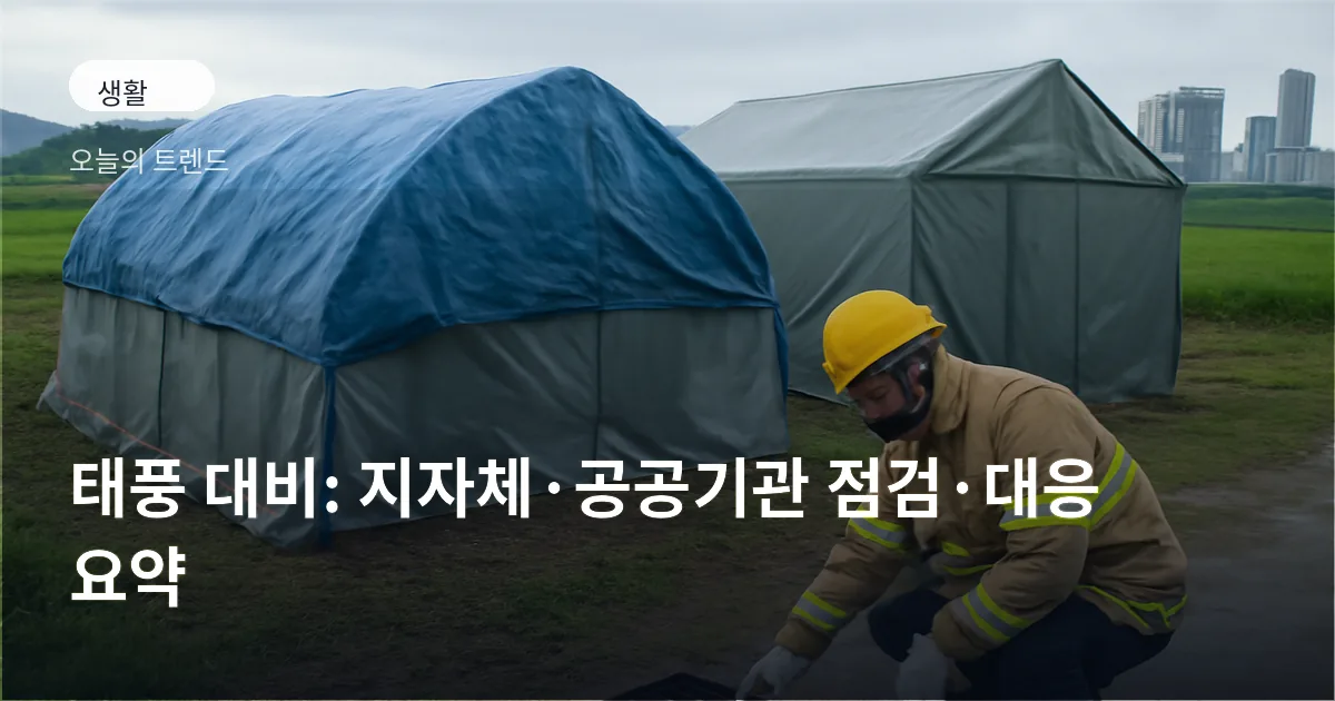온실과 야외 전시 텐트를 점검하는 안전복 차림의 담당자들이 보이는 태풍 대비 현장 모습