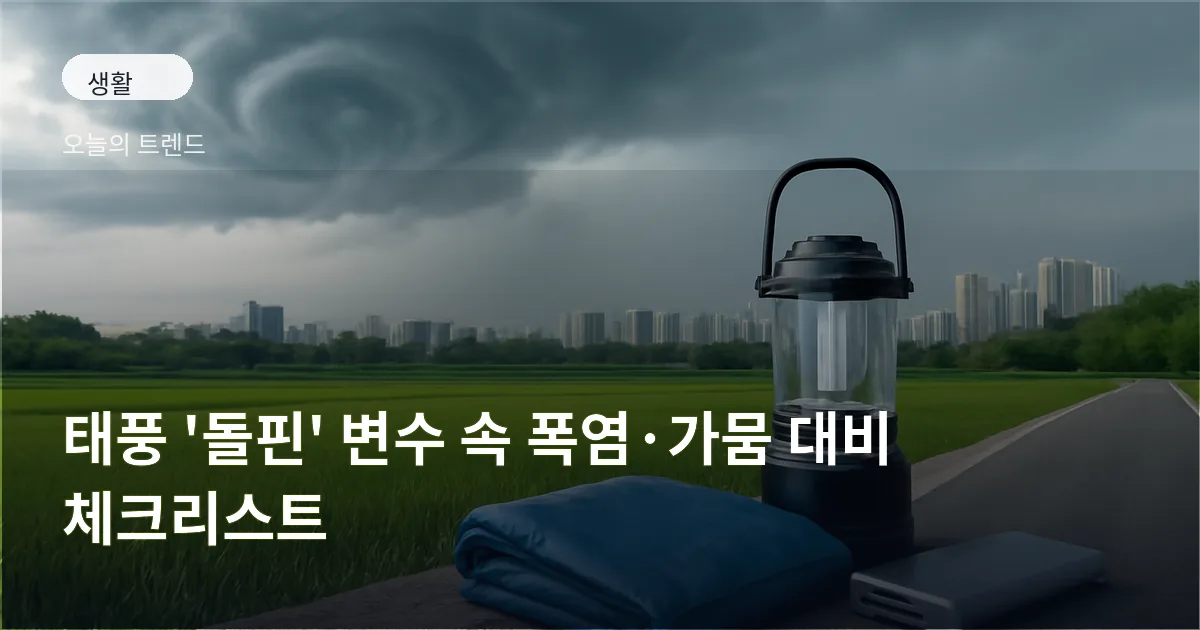 도심과 농경지가 보이는 풍경 위로 멀리 태풍 구름이 보이고, 도로변에 비상용품이 준비된 모습