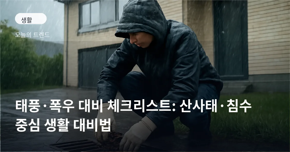 집 앞 배수로의 낙엽을 장갑 낀 사람이 제거하는 장면, 배경에는 흐린 하늘과 빗방울이 보임