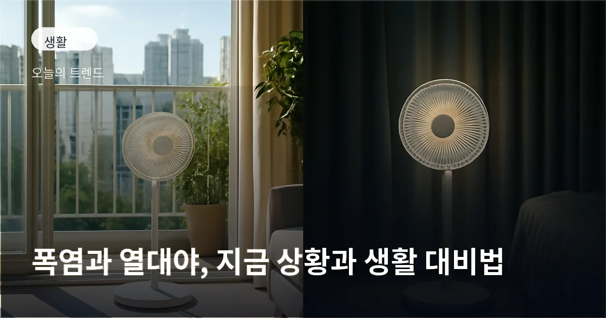 베란다에 놓인 선풍기와 창문으로 들어오는 강한 햇빛, 밤에 창가에서 선풍기가 켜져 있는 모습